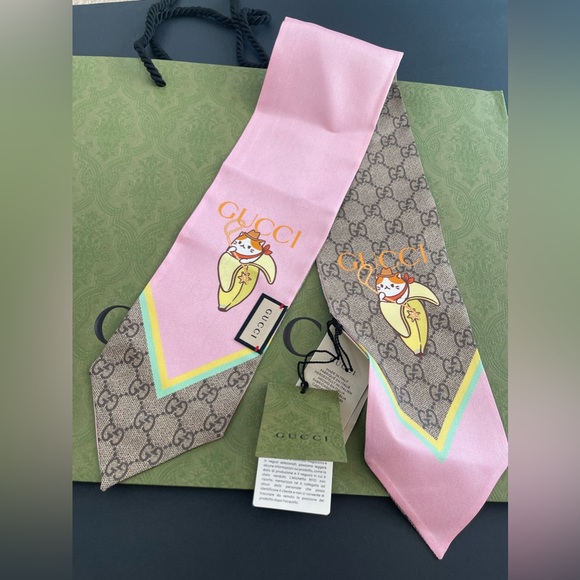 New GUCCI GG JACQUARD SİLK NECK BOW / SCARF - Picture 5 of 9